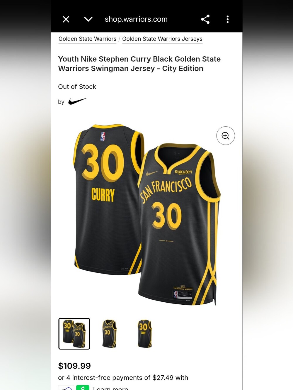 Youth Nike Stephen Curry Golden State Warriors City Edition Jersey Size Medium